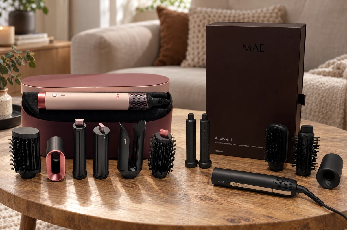 Dyson Airwrap en MAE Airstyler II met hun opzetstukken en verpakking naast elkaar op een houten tafel