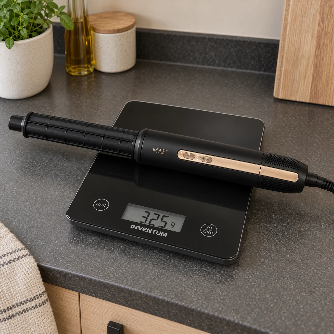 MAE Airstyler II op een keukenweegschaal die 325 gram aangeeft