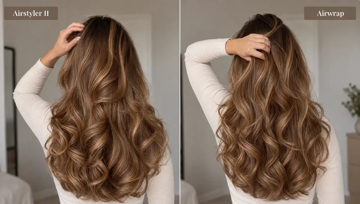 Vergelijking van de krulresultaten: links MAE Airstyler II, rechts Dyson Airwrap