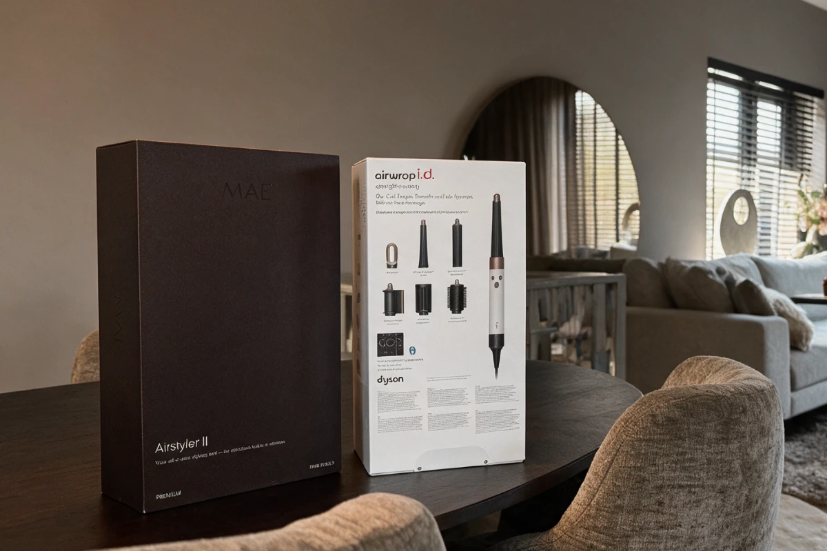 De verpakkingen van de MAE Airstyler II en Dyson Airwrap naast elkaar op een tafel